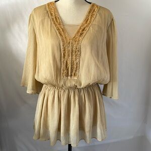 American glamour badgley Mischka‎ beaded peplum blouse tan/gold color size large